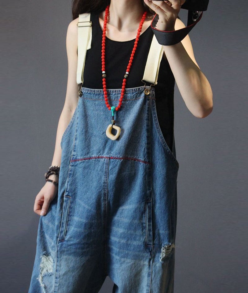 YESNO Women Casual Loose Cropped Denim Jumpsuits Rompers 90s Jeans Overalls Distressed Ripped Fringed/Pockets S P49 Blue - Image 5